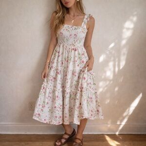 Nanducket White Floral Cottagecore Prairie Midi Nap Dress Size Medium Coquette